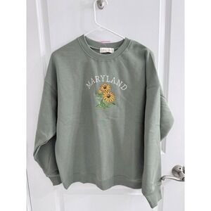 State of Mine Maryland Sunflower Embroidered Sweatshirt Sage Green Small NWT